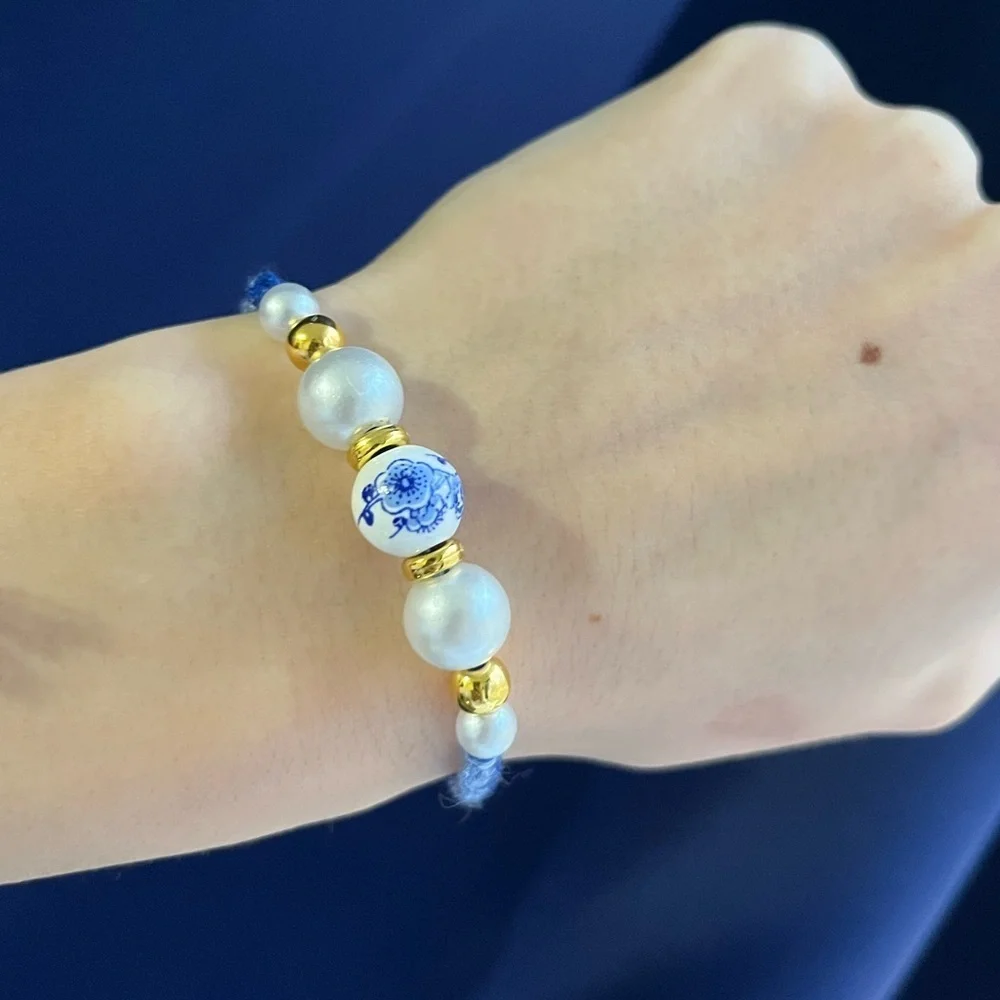 Handmade woven bracelet blue gold adjustable beaded - Picture 10 of 11